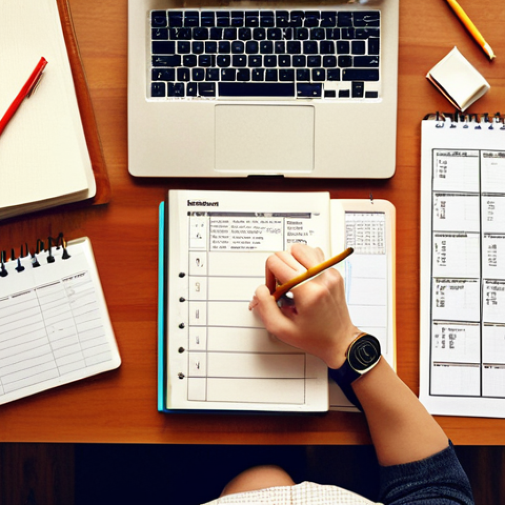 **

"A brightly lit study space with books, notes, and a visible timer. A person is intensely focused on studying. Emphasis on organization and effective time management. Consider elements that visually represent planning and goal setting. Style: Realistic, motivational."

**