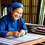 A skilled Thai artisan, fully clothed in modest, traditionally-inspired attire, is meticulously hand-weaving vibrant silk fabric in a well-lit community workshop. The artisan is smiling warmly, representing the unique Thai soft power. In the background, other handcrafted goods are displayed, and a tablet device showing an e-commerce platform is subtly visible on a nearby table, symbolizing digital integration for local branding. This scene is depicted with professional studio photography quality, featuring bright, natural lighting. safe for work, appropriate content, fully clothed, family-friendly, perfect anatomy, correct proportions, natural pose, well-formed hands, proper finger count, natural body proportions, high detail, realistic lighting.