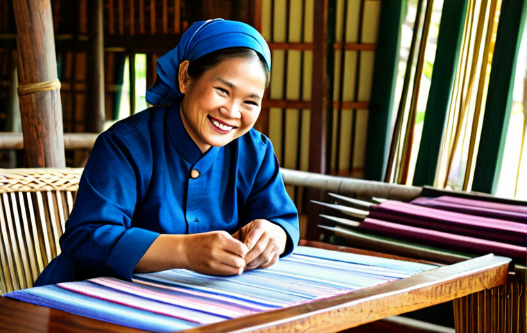 A skilled Thai artisan, fully clothed in modest, traditionally-inspired attire, is meticulously hand-weaving vibrant silk fabric in a well-lit community workshop. The artisan is smiling warmly, representing the unique Thai soft power. In the background, other handcrafted goods are displayed, and a tablet device showing an e-commerce platform is subtly visible on a nearby table, symbolizing digital integration for local branding. This scene is depicted with professional studio photography quality, featuring bright, natural lighting. safe for work, appropriate content, fully clothed, family-friendly, perfect anatomy, correct proportions, natural pose, well-formed hands, proper finger count, natural body proportions, high detail, realistic lighting.