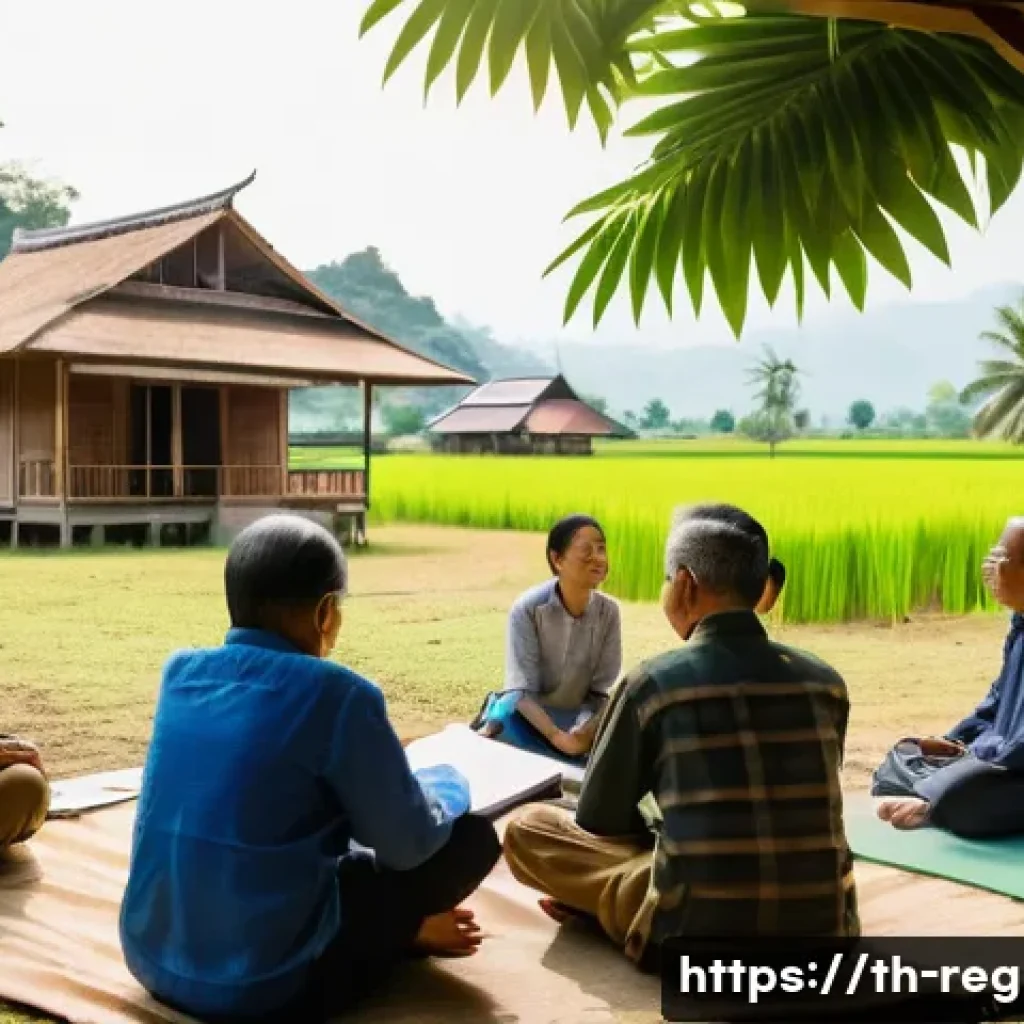 지역개발 실습 경험 공유 - A vibrant community meeting scene in a rural Thai village, featuring diverse local villagers and com...