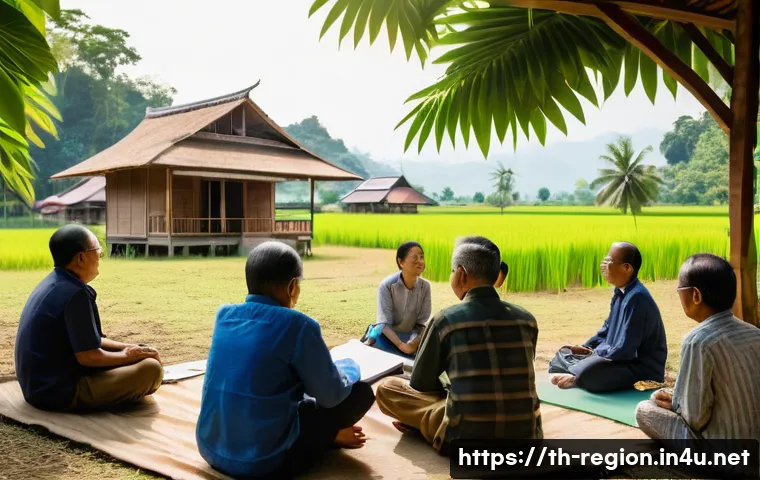지역개발 실습 경험 공유 - A vibrant community meeting scene in a rural Thai village, featuring diverse local villagers and com...