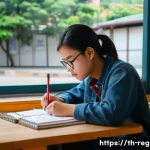 지역개발 자격시험 합격 비법 - A focused Thai student studying at a cozy cafe, surrounded by textbooks about local governance and c...