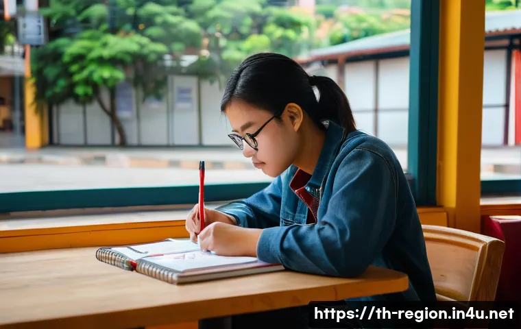 지역개발 자격시험 합격 비법 - A focused Thai student studying at a cozy cafe, surrounded by textbooks about local governance and c...