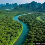 지역개발 환경영향평가 작성법 - A detailed aerial view of a tropical project site in Thailand, showcasing diverse ecosystems includi...