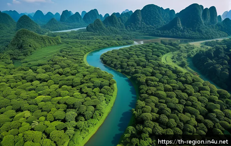 지역개발 환경영향평가 작성법 - A detailed aerial view of a tropical project site in Thailand, showcasing diverse ecosystems includi...