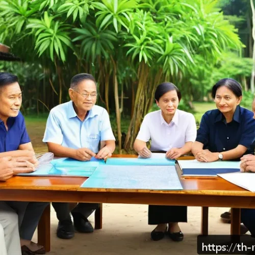지역개발 프로젝트 이해관계자 관리 - A vibrant community meeting scene in a small Thai village, featuring diverse local stakeholders incl...