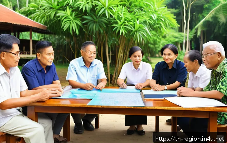 지역개발 프로젝트 이해관계자 관리 - A vibrant community meeting scene in a small Thai village, featuring diverse local stakeholders incl...