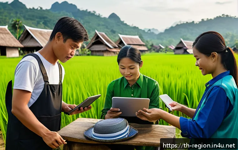 지역개발 업계의 최근 채용 동향 - A diverse group of community development professionals collaborating outdoors in a Thai rural villag...